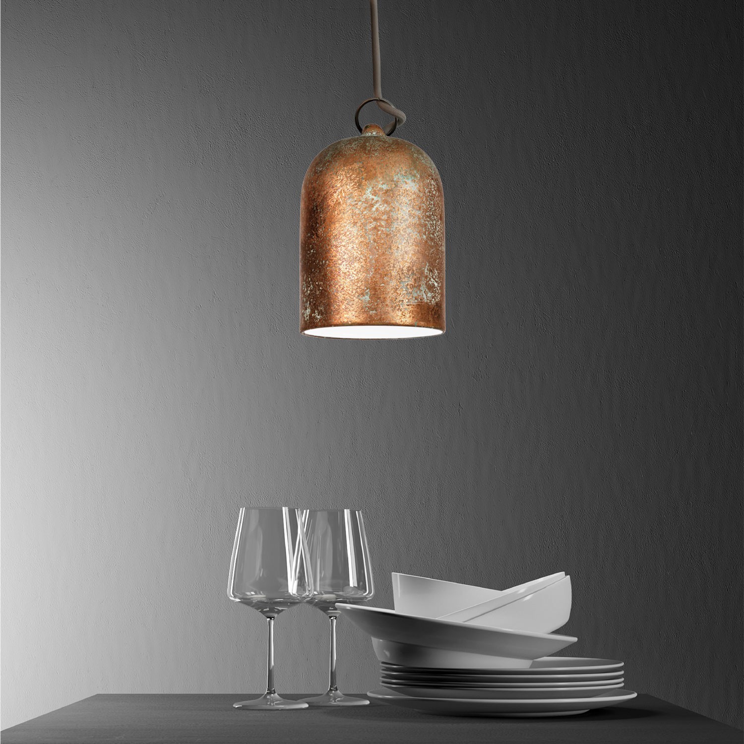 Pendant lamp with textile cable and lampshade Mini Bell XS ceramic shade - Made in Italy - Bulb included