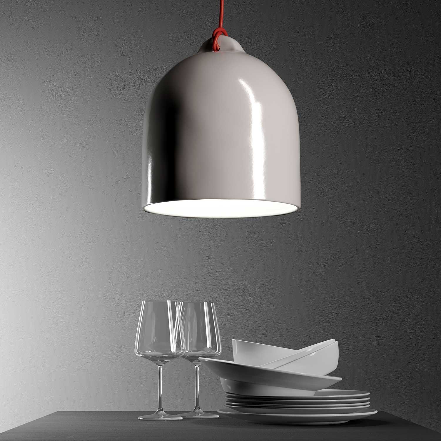 Pendant lamp with textile cable and lampshade Bell M in ceramic - Made in Italy - Bulb included