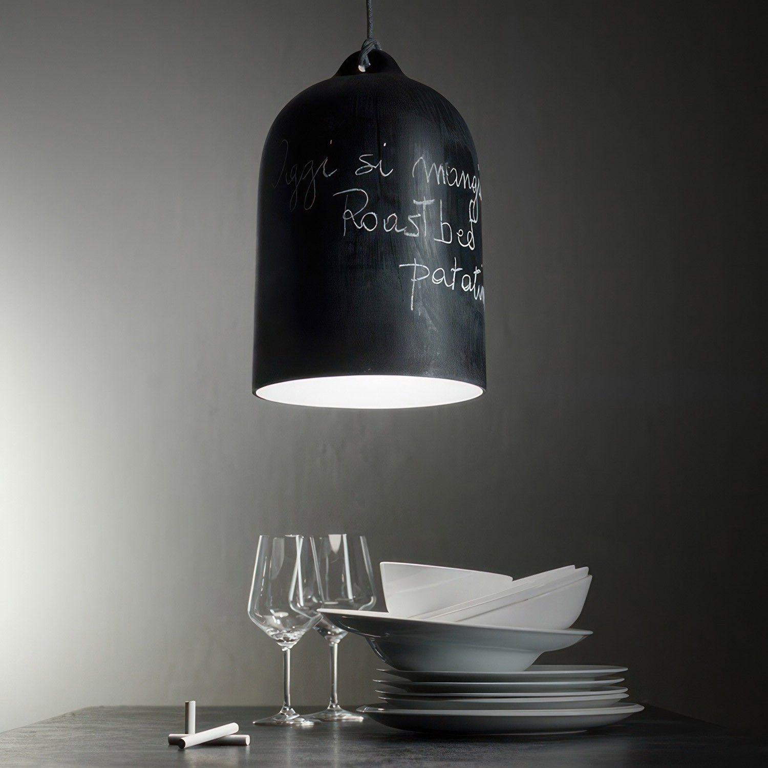 Pendant lamp with textile cable and Bell XL ceramic lampshade - Made in Italy - Bulb included