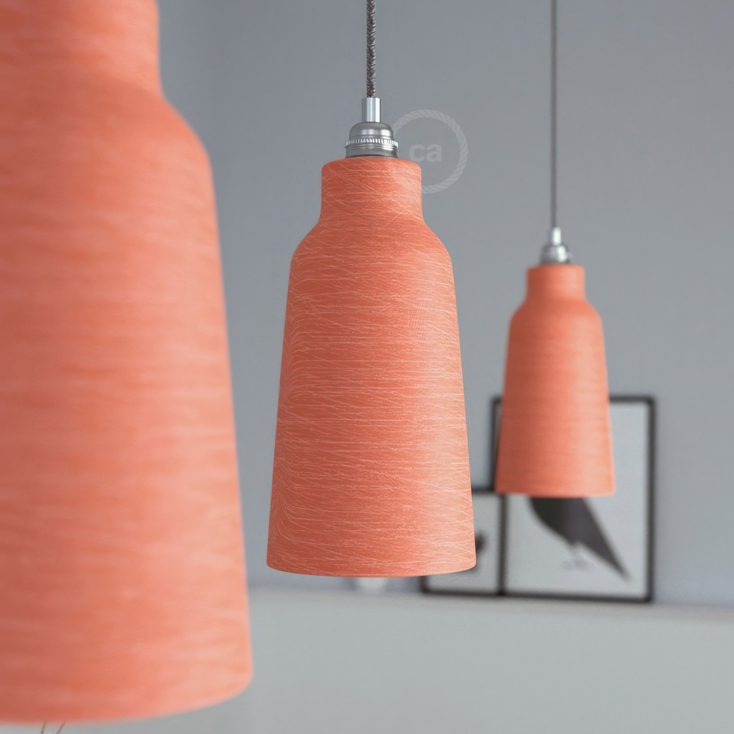 Pendant lamp with textile cable, Bottle ceramic lampshade and metal details - Made in Italy - Bulb included