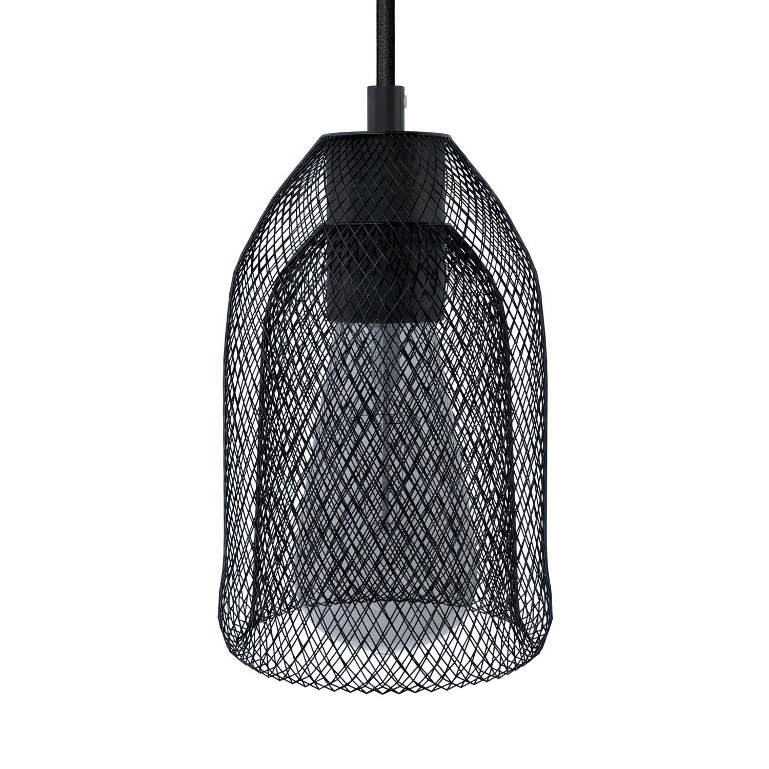 Lámpara colgante hecha en Italia con cable textil, bombilla, pantalla de jaula Ghostbell y adornos metálicos