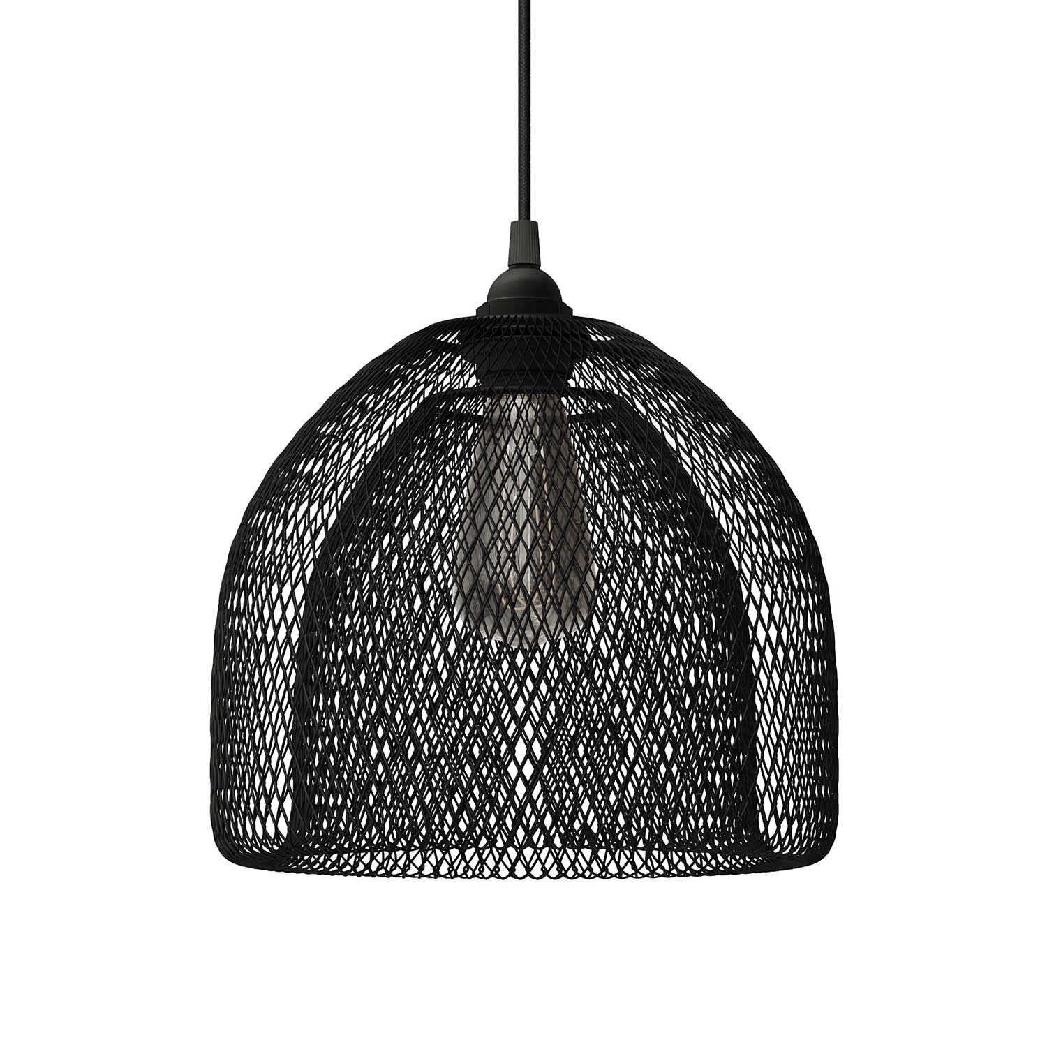 Pendant lamp with textile cable, Ghostbell XL cage lampshade and metal details - Made in Italy