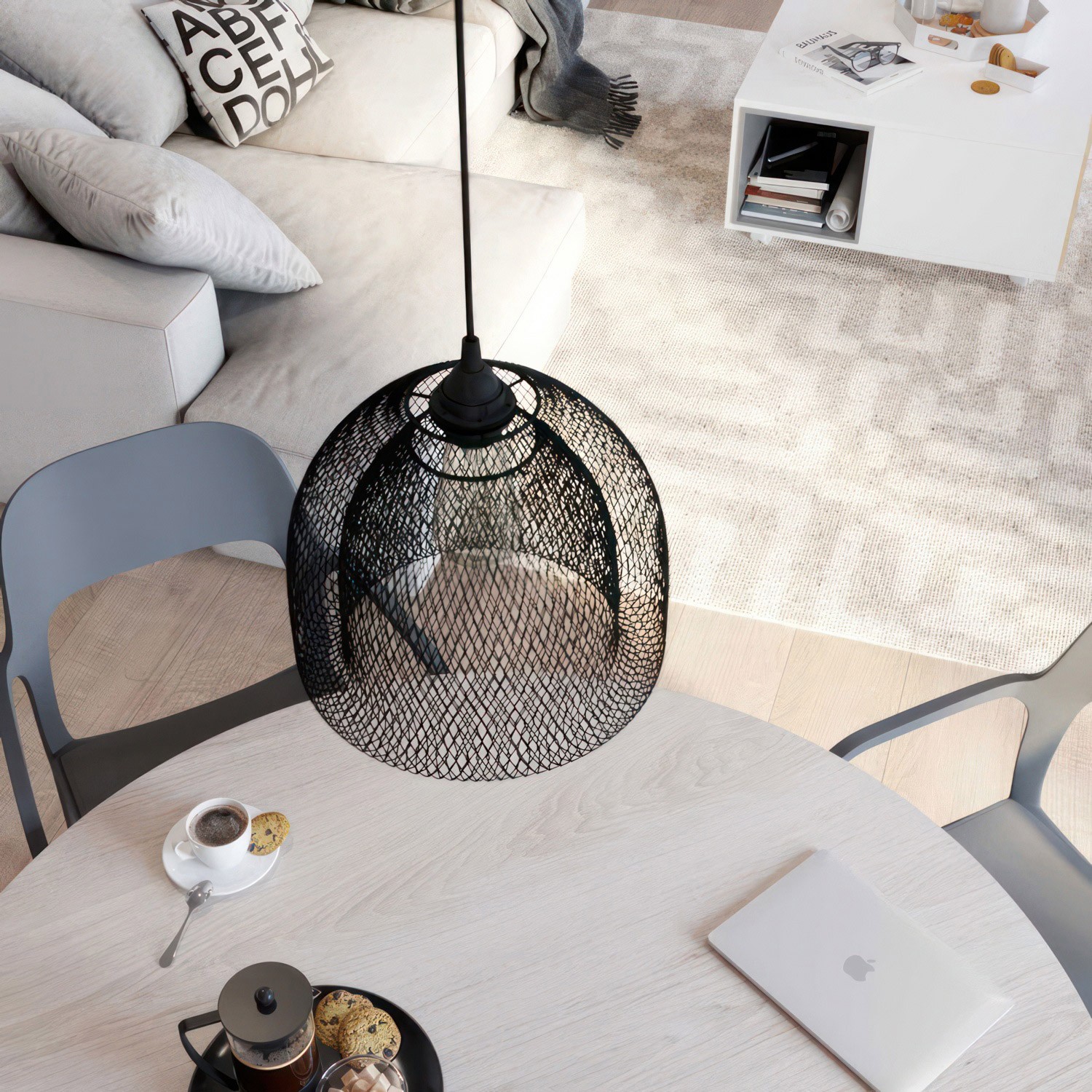 Pendant lamp with textile cable, Ghostbell XL cage lampshade and metal details - Made in Italy - Bulb included