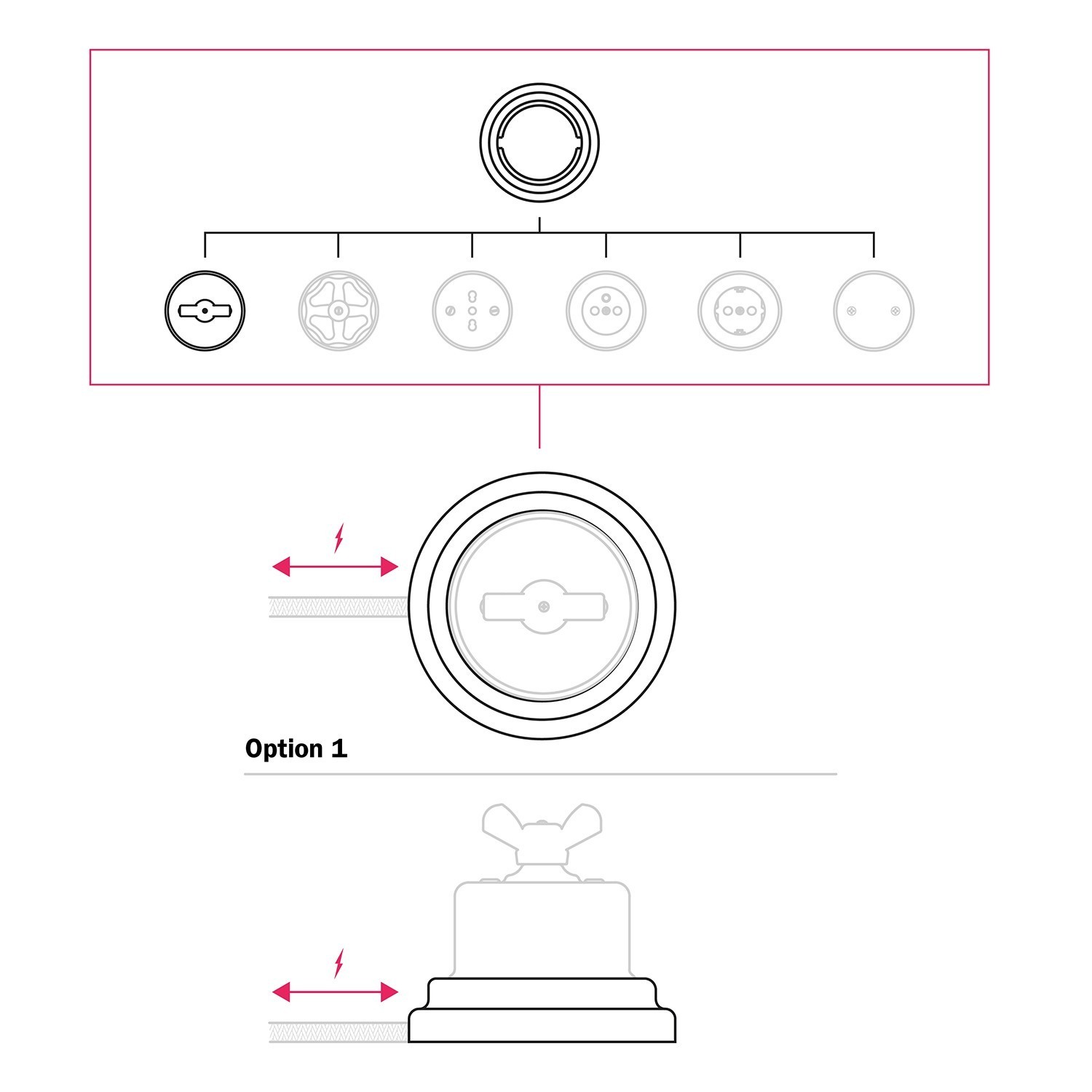 Kitswitch/selector s motýľovou maticou a čiernou porcelánovou základňou