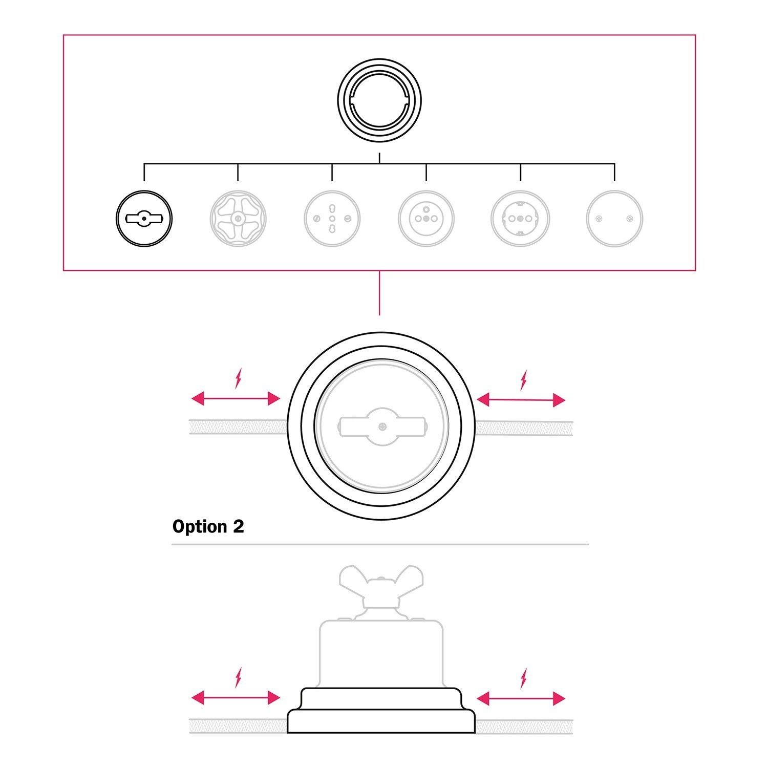 Kitswitch/selector s motýľovou maticou a čiernou porcelánovou základňou