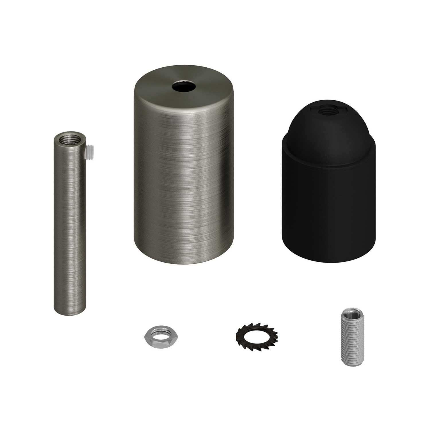 Cilindrische metalen E27 fittinghouder kit met 7 cm. trekontlaster