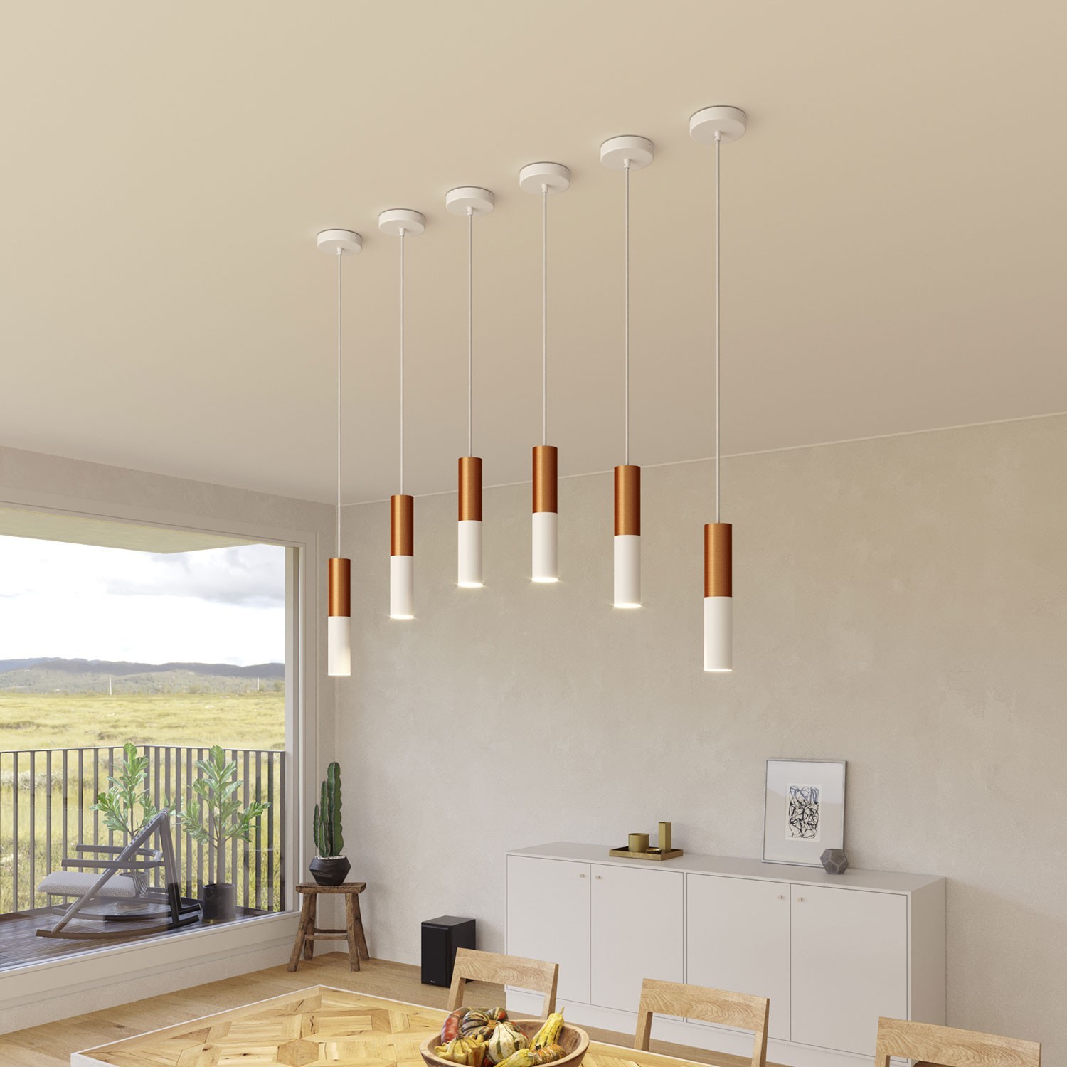 Lampa wisząca z kablem w oplocie i podwójnym kloszem Tub-E14