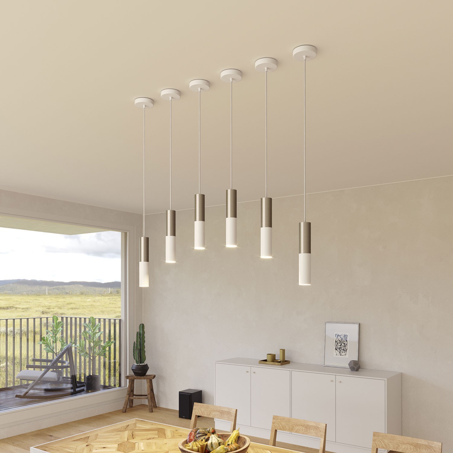 Lampa wisząca z kablem w oplocie i podwójnym kloszem Tub-E14