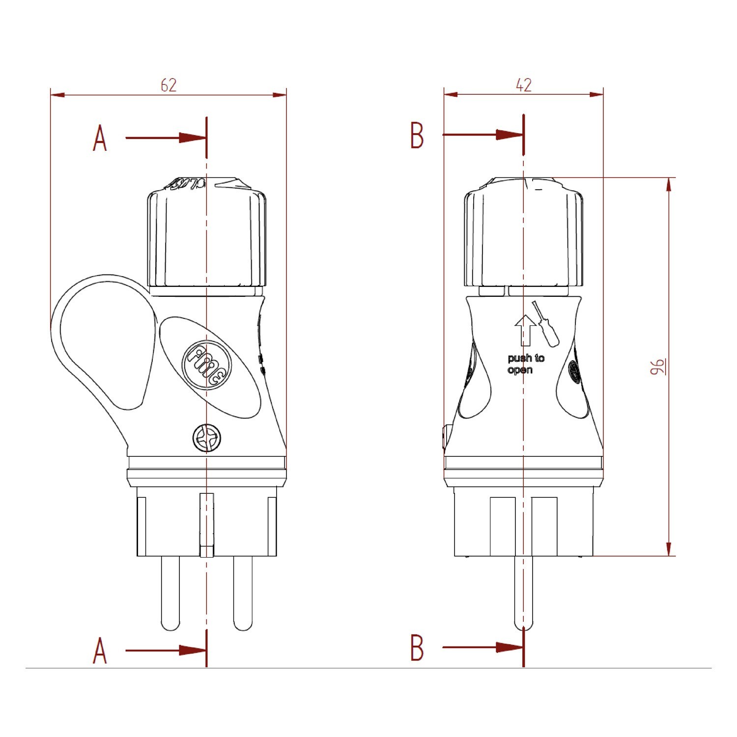 Ficha Schuko preta com anel 16A 250V IP44 para Sistema EIVA