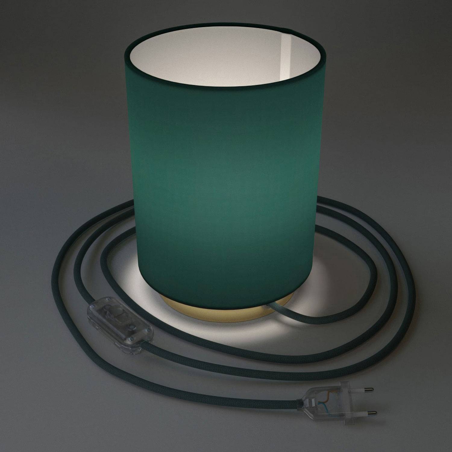 Posaluce in metal with Petrol Blue Cinette Cilindro lampshade