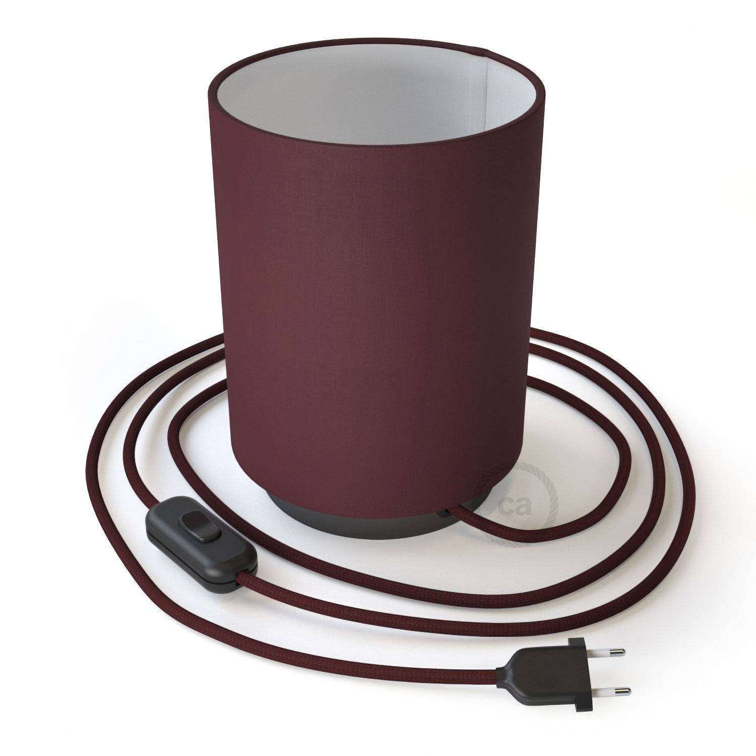 Posaluce i metal med Burgundy Canvas Cilindro lampeskærm, komplet med stofkabel, afbryder og 2-polet stik