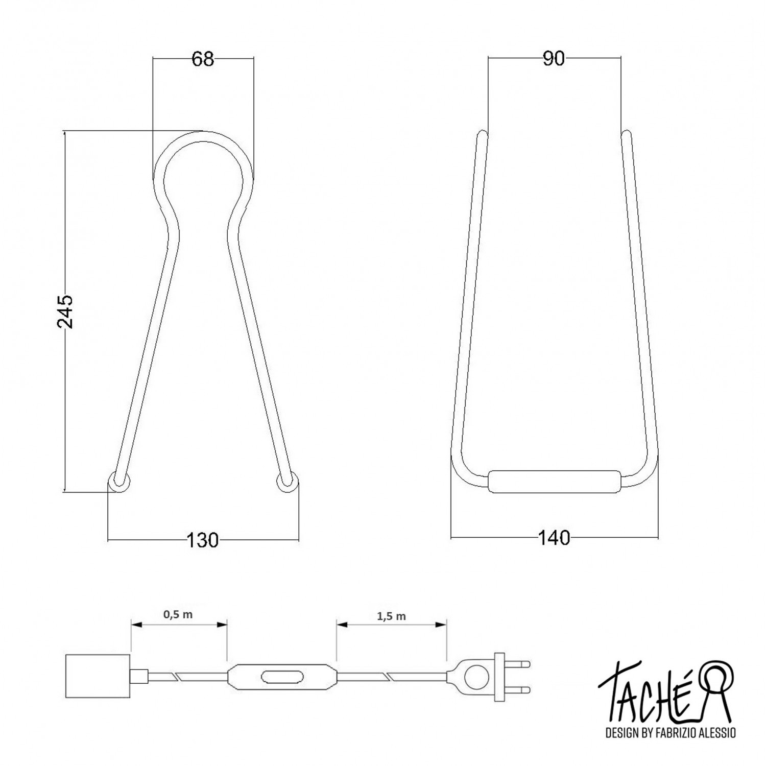 Taché Metal, lampă de masă completă cu un cablu de țesătură, un întrerupător și un mufă cu două pini.