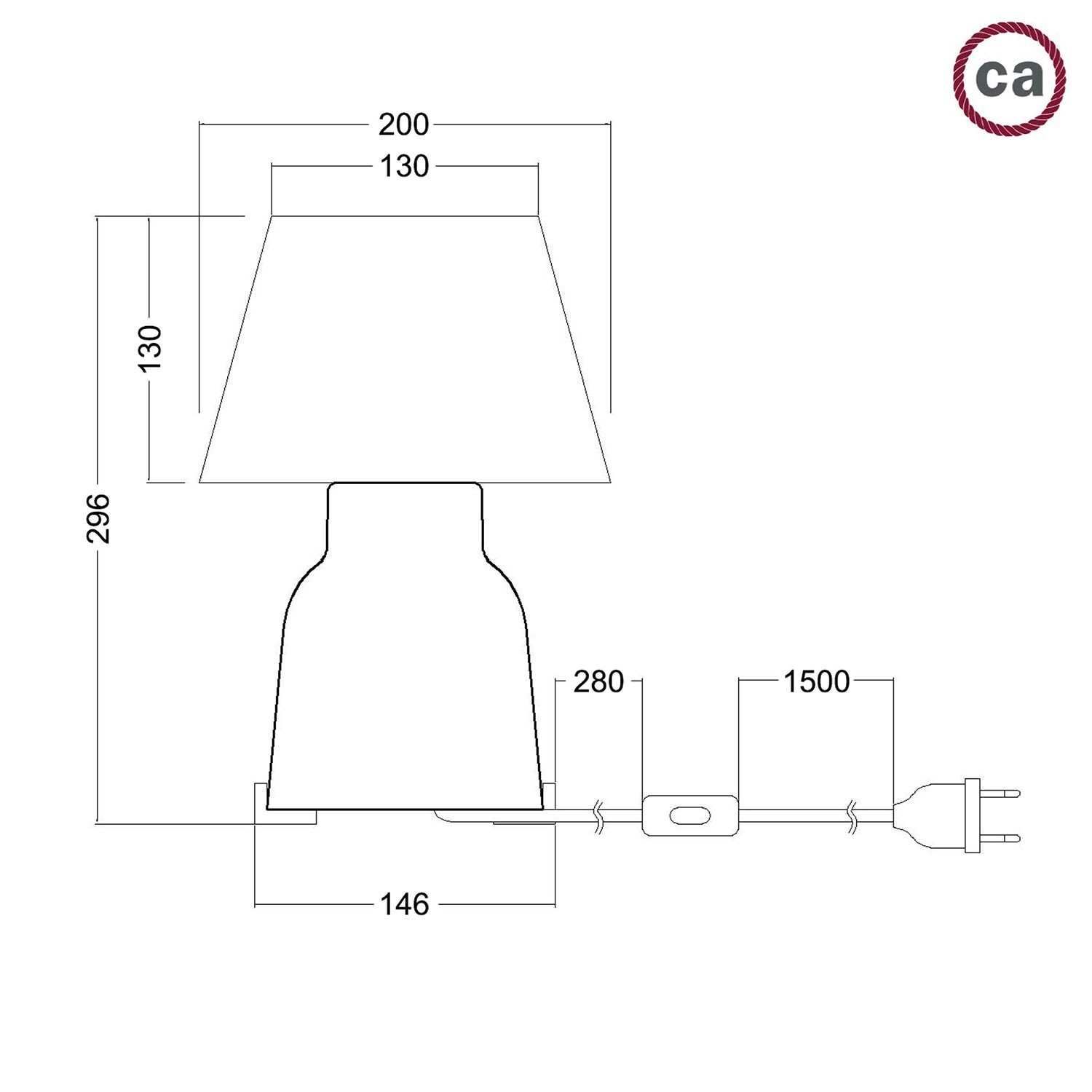 Candeeiro de mesa Vaso em cerâmica com abajur Impero, equipado com cabo têxtil, interruptor e ficha bipolar