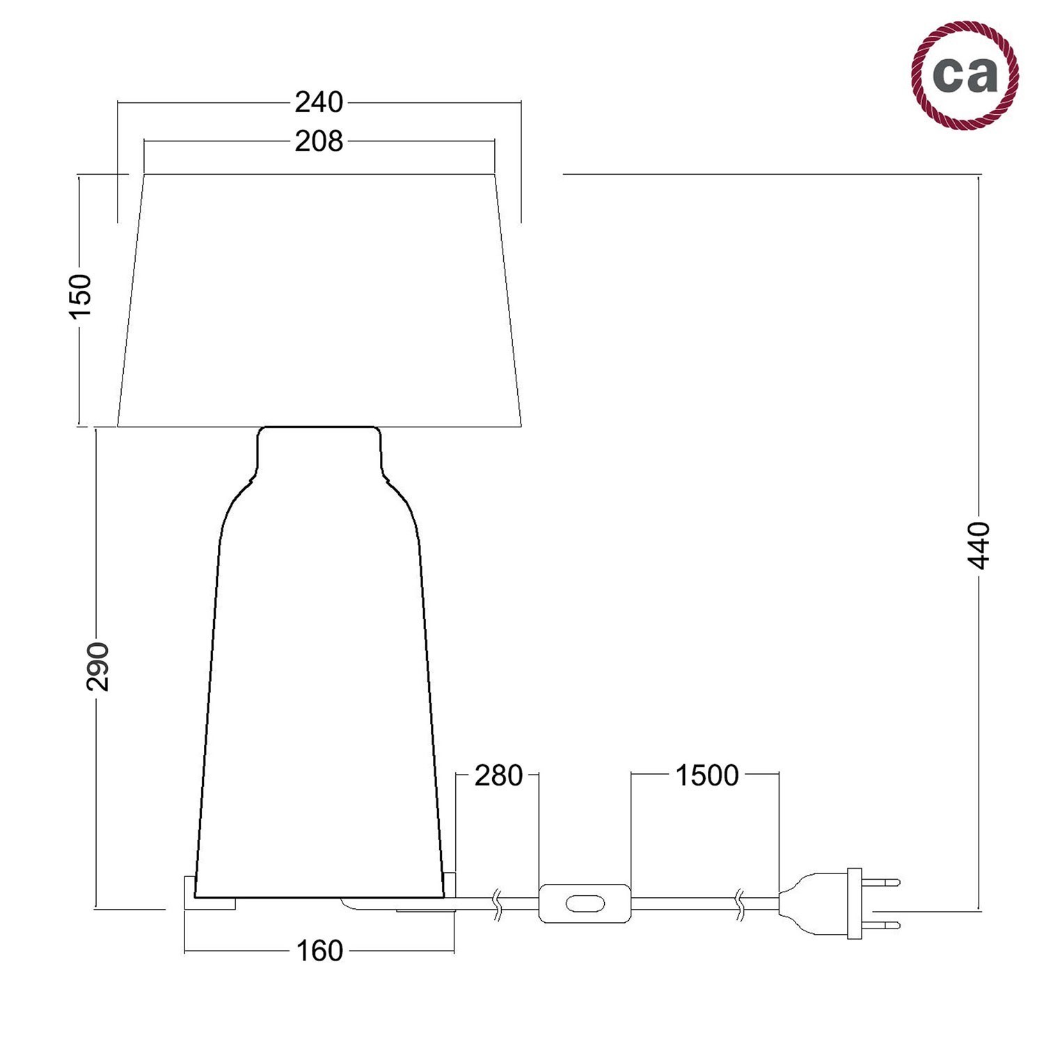 Candeeiro de mesa em cerâmica Bottiglia com abajur Athena, equipado com cabo têxtil, interruptor e ficha bipolar