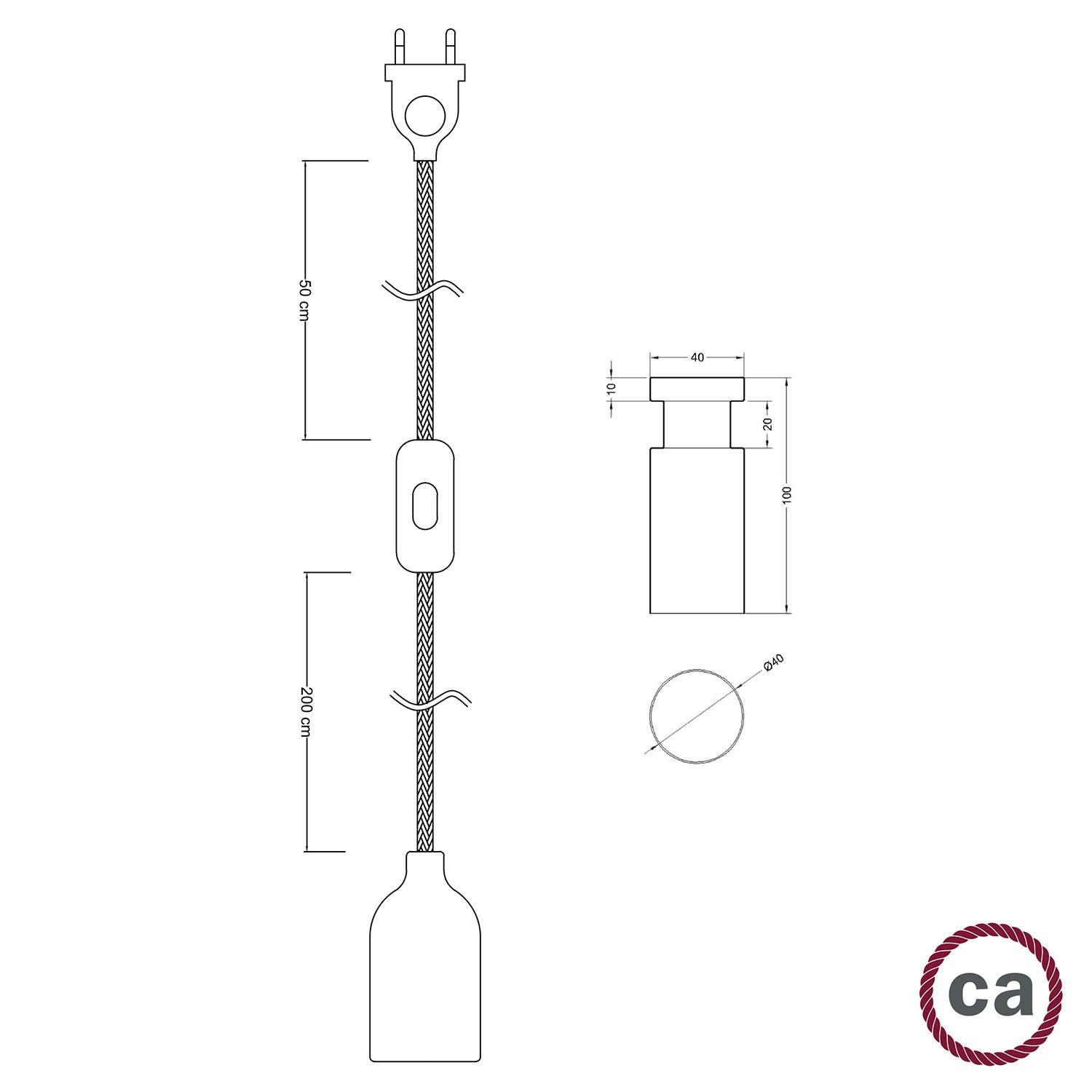 Lampa Snake, okablowanie z drewnianym oprawką żarówki, wtyczką i włącznikiem z drewnianym klipsem Rolé