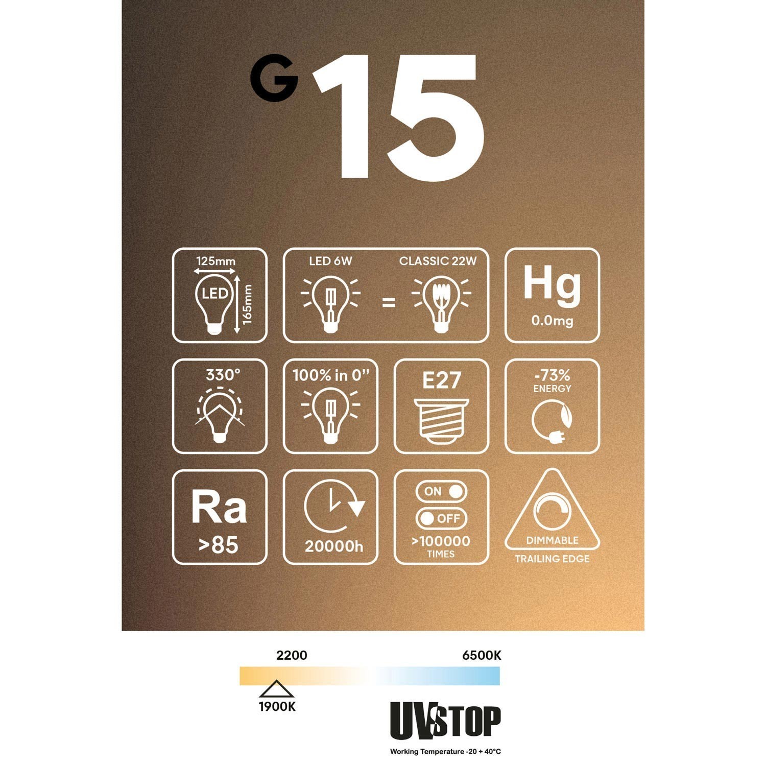 G125 Smoky Ghost Line LED-ljuskälla CRI 90 6W 220Lm E27 1900K Dimbar - G15