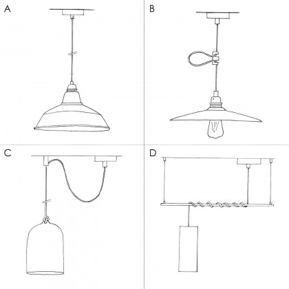 Hanglamp vervaardigd in Italië met textiel kabel, Bistrot kap en metalen afwerking