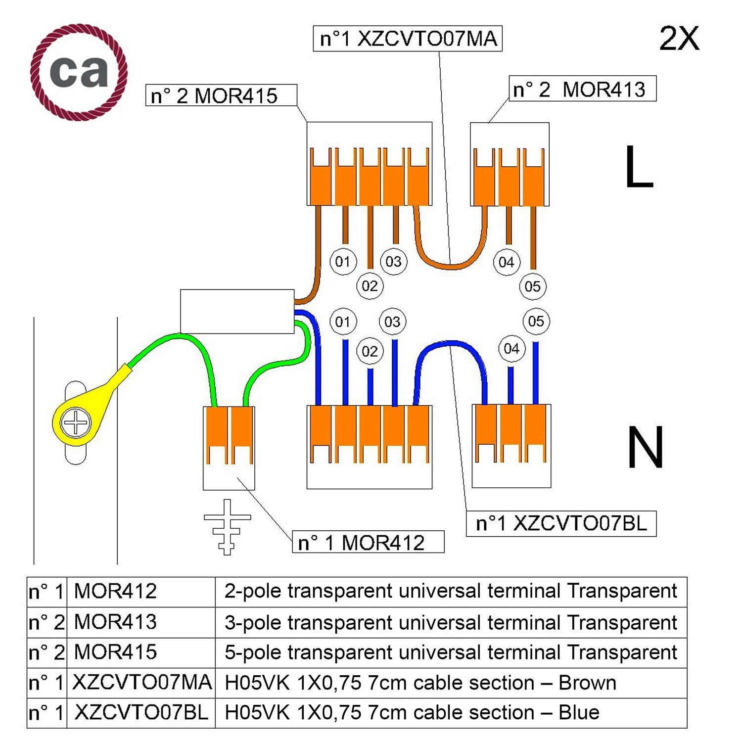 Setul de conectori WAGO este compatibil cu 2 cabluri pentru rozeta de tavan cu 5 găuri.