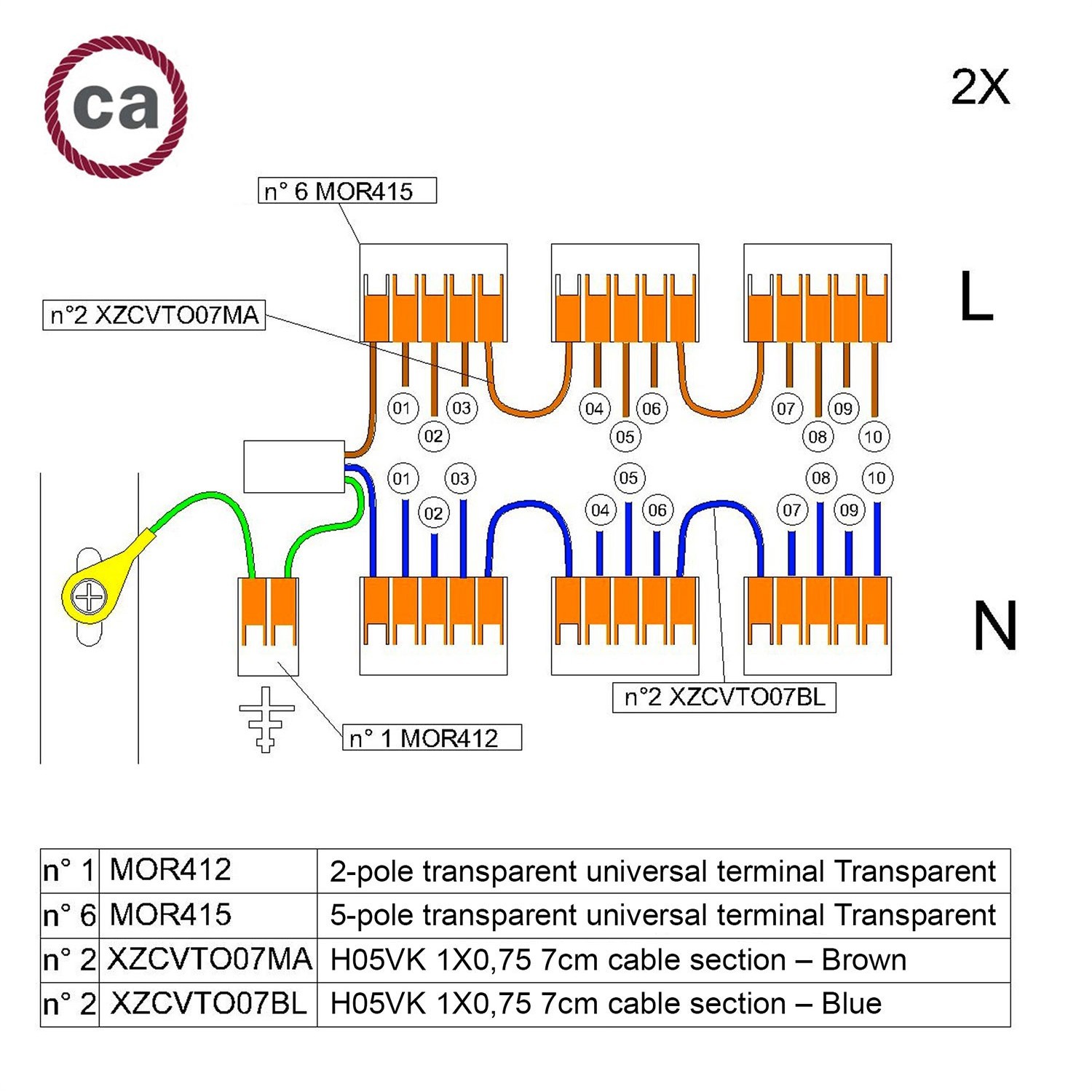 Kitul de conectori WAGO este compatibil cu cablul de 2x pentru rozeta de tavan cu 10 găuri.