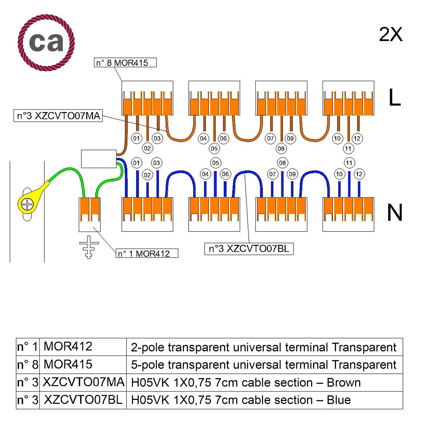 Kitul de conectori WAGO este compatibil cu 2 cabluri pentru rozeta de tavan cu 12 găuri.