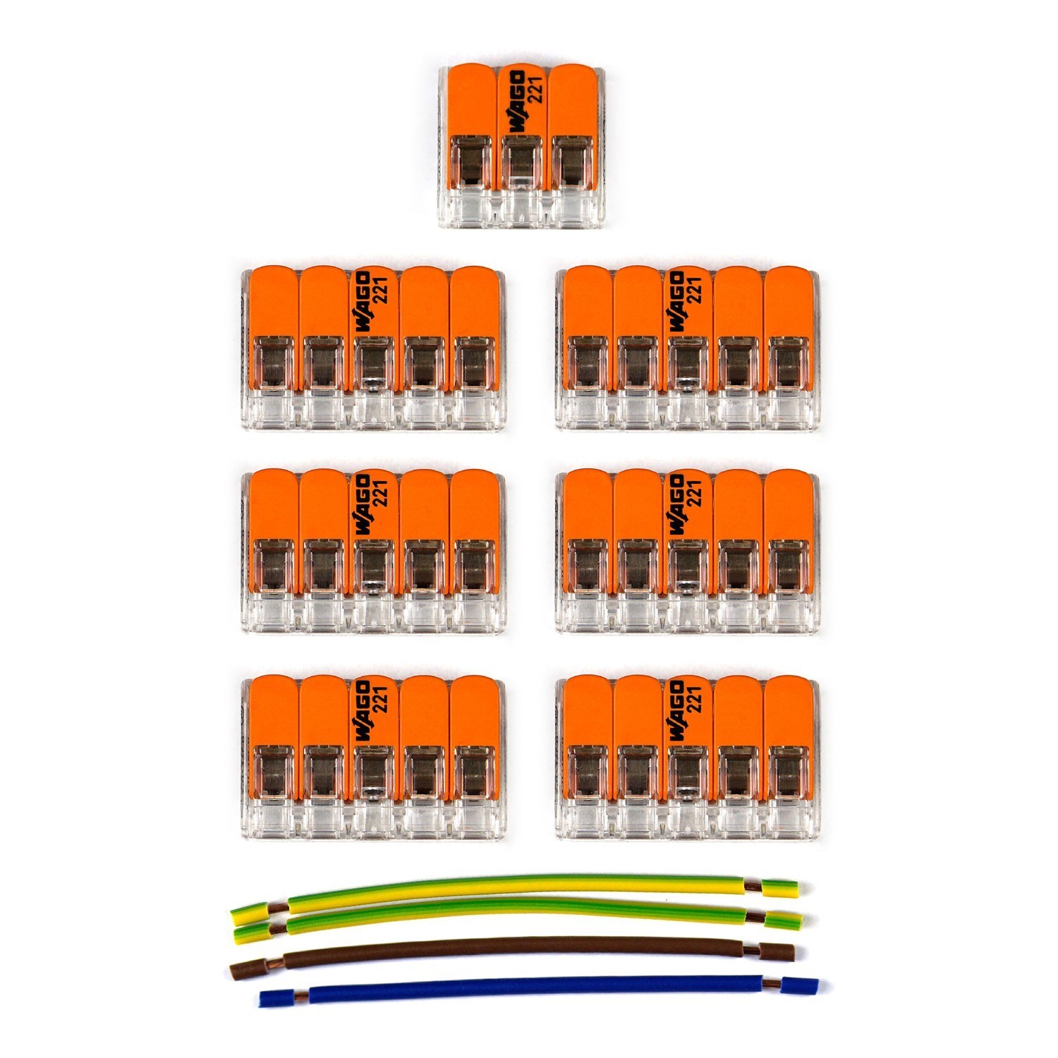 Kitul de conectori WAGO este compatibil cu cablurile de 3x pentru rozeta de tavan cu 7 găuri.