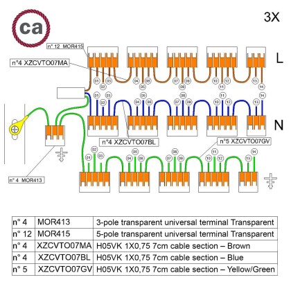 Setul de conectori WAGO este compatibil cu un cablu de 3x pentru rozeta de tavan cu 14 găuri.