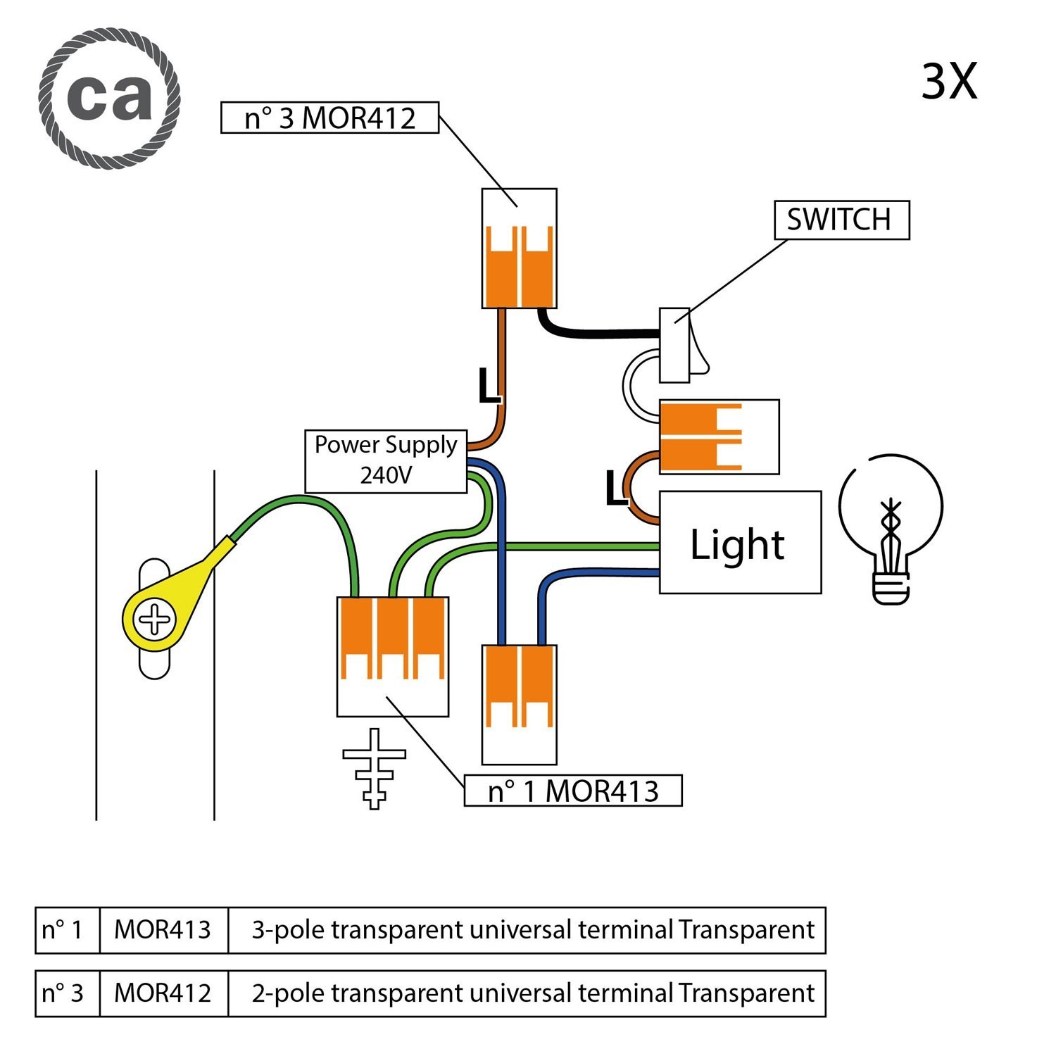 Kit de conectores WAGO compatível com cabo 3x para mini rosácea de teto de 1 furo com interruptor