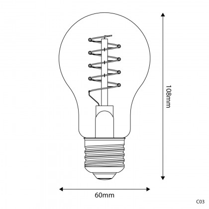 Bec LED cu filament spirală curbată din carbon, lumină aurie, formă A60, 4W 250Lm E27 1800K, reglabilă - C03