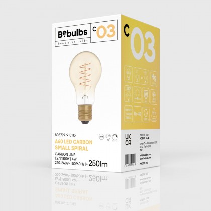 LED žarulja zlatne boje C03 Carbon Linija zakrivljene spiralne niti Drop A60 4W E27 Dimabilna 1800K