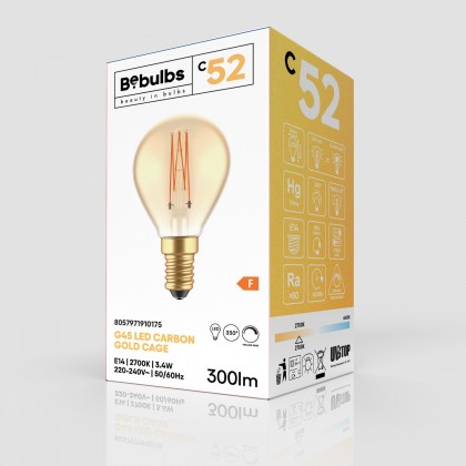 Lâmpada LED Dourada C52 Linha Carbono Filamento Vertical Mini Globo G45 3,4W E14 Regulável 2700K