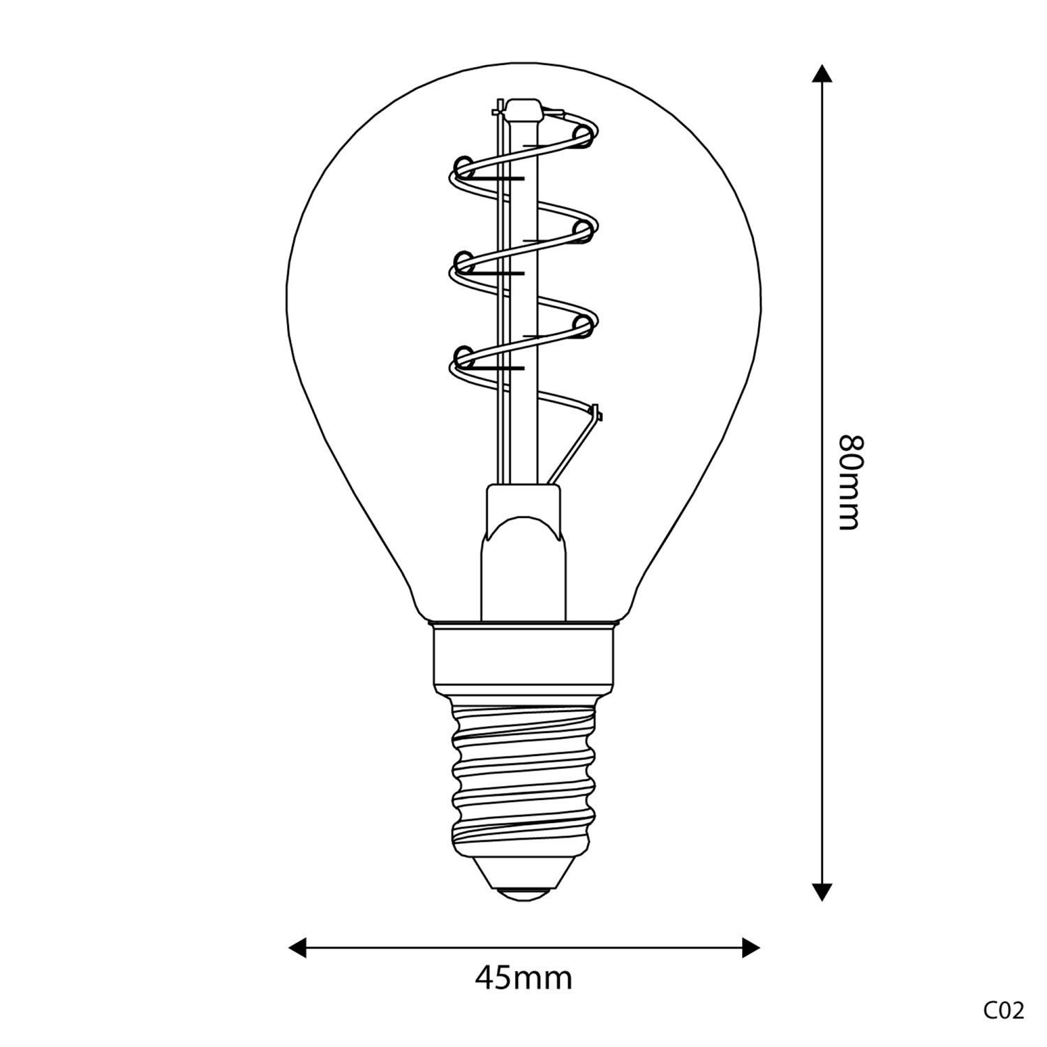 Lâmpada LED Dourada Linha Carbono C02 Filamento Curvo Espiral Mini Globo G45 2,2W E14 Regulável 1800K