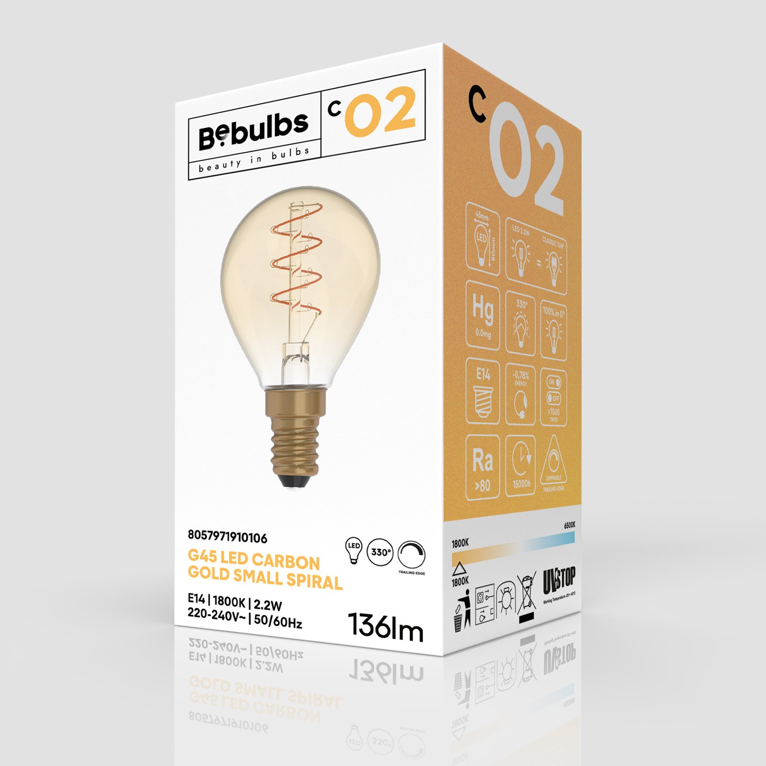 Lâmpada LED Dourada Linha Carbono C02 Filamento Curvo Espiral Mini Globo G45 2,2W E14 Regulável 1800K