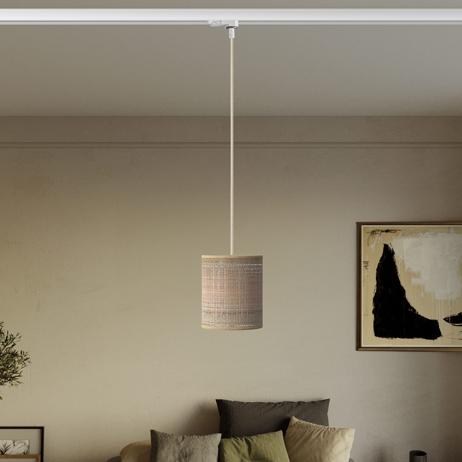 Track pendant lamp with textile cable and raffia Cilindro lampshade