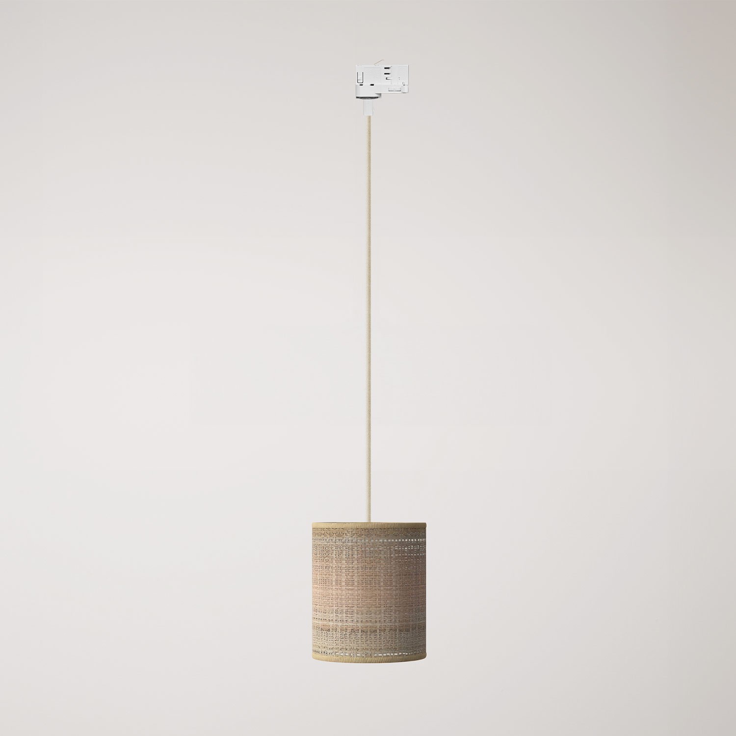 Track pendant lamp with textile cable and raffia Cilindro lampshade