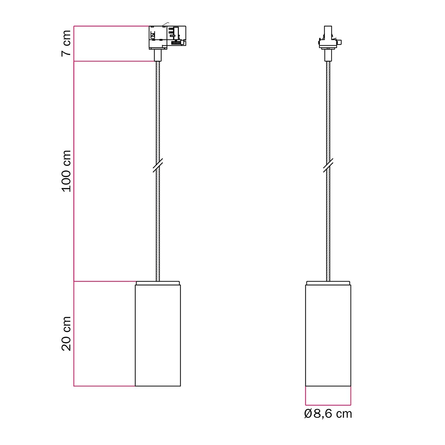 Pendel lampe med skinnesystem med tekstilkabel og Tub-E27