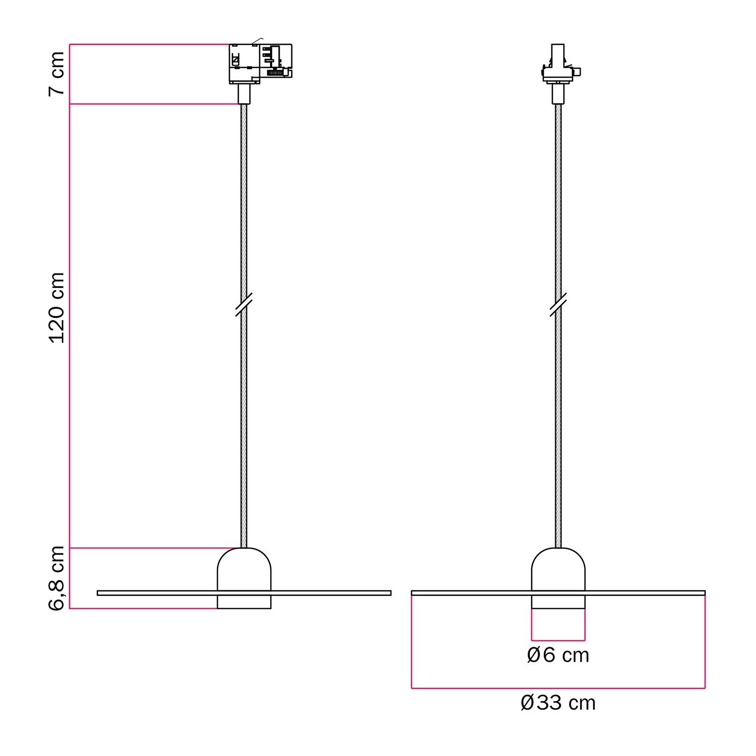 Houten track lamp met textiel kabel en UFO lampenkap