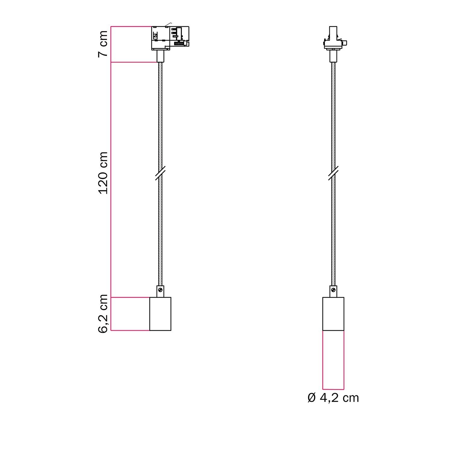 Průmyslová závěsná lampa s textilním kabelem a kolejnicovým adaptérem