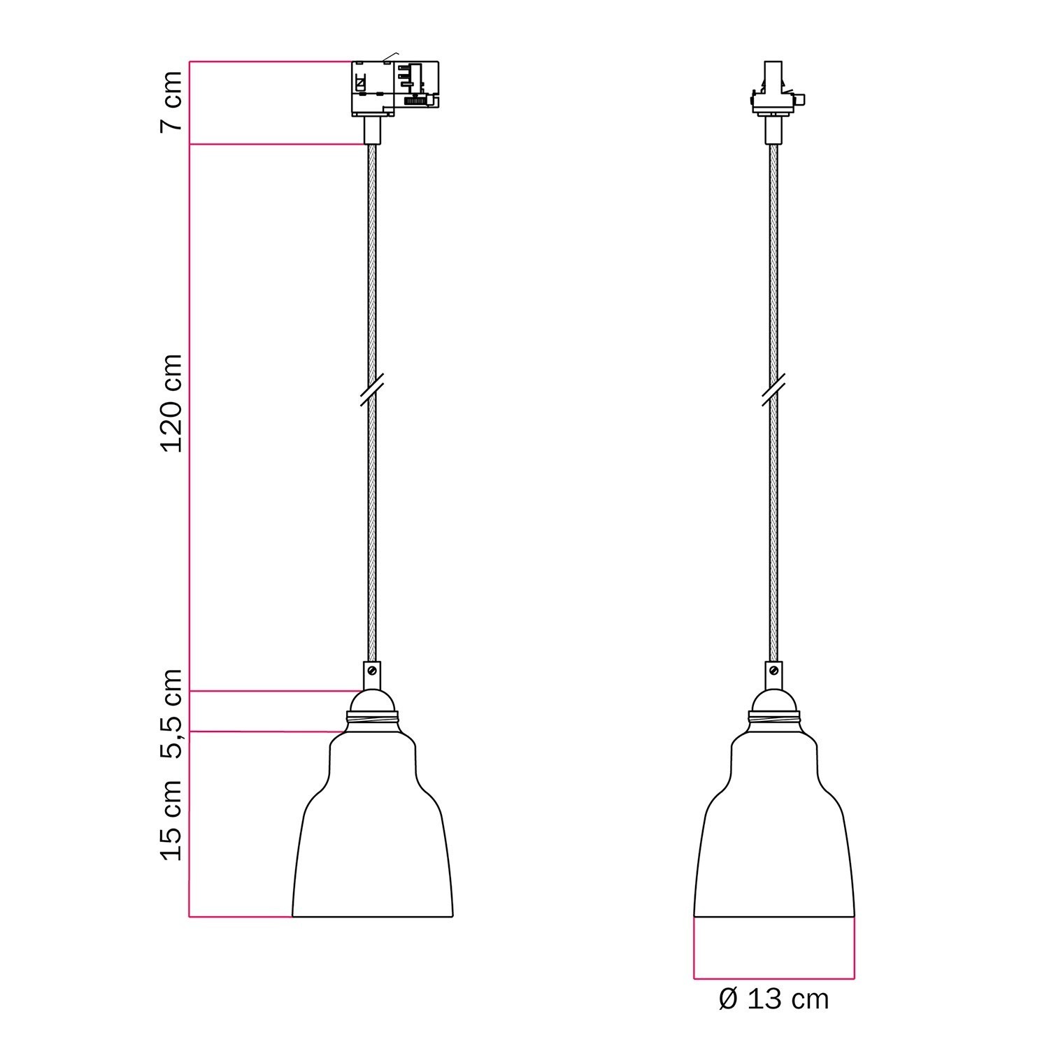 Pendel lampe med Vaso-lampeskærm og skinneadapter