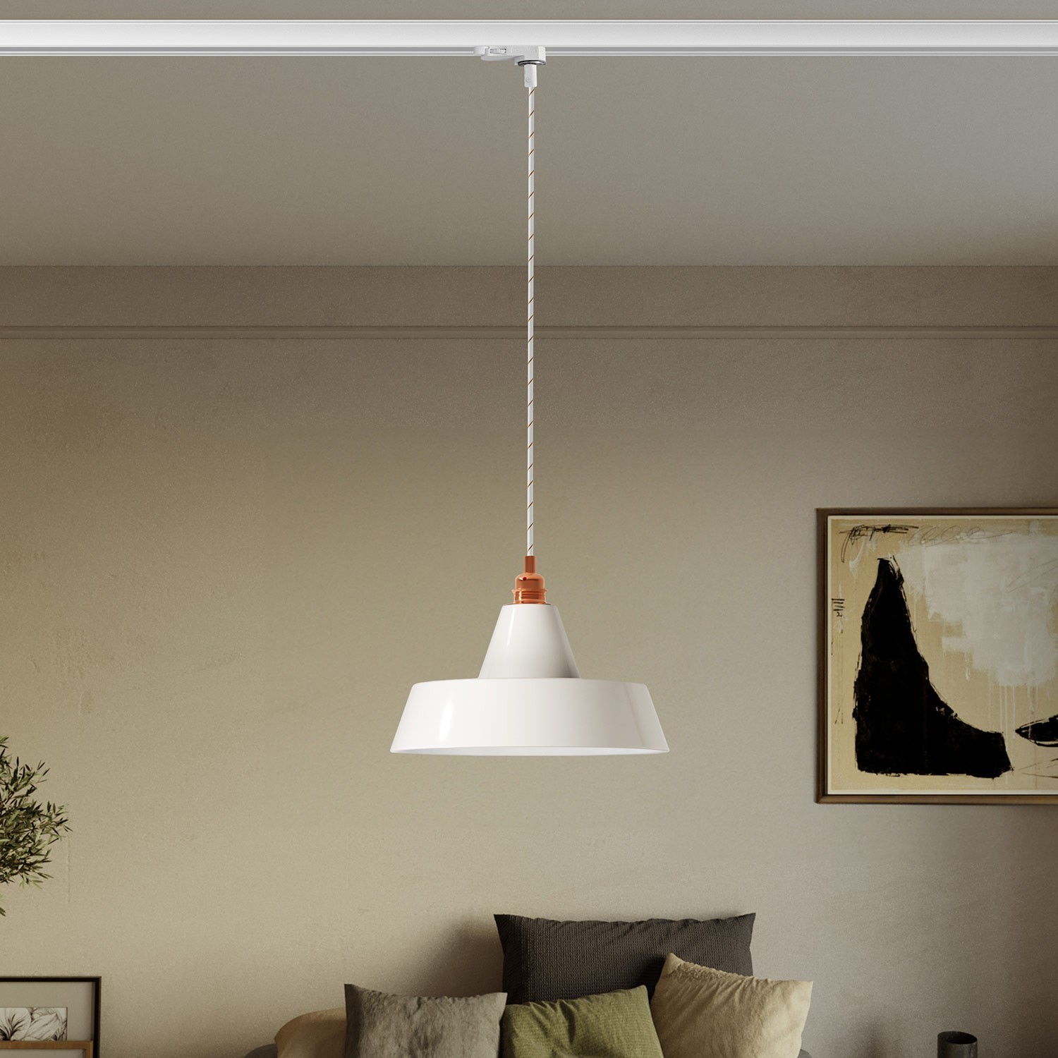 Industriële keramische hanglamp met track lampenkap