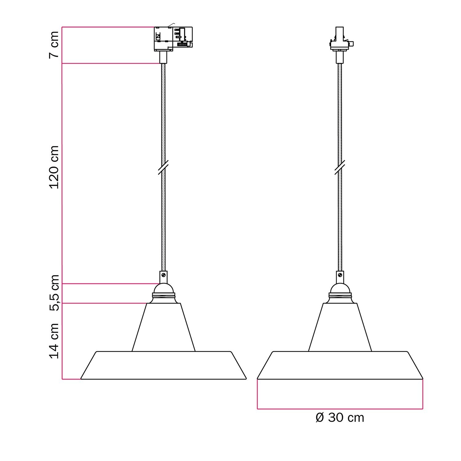 Pendellampa i industriell stil med lampskärm i keramik för skensystem