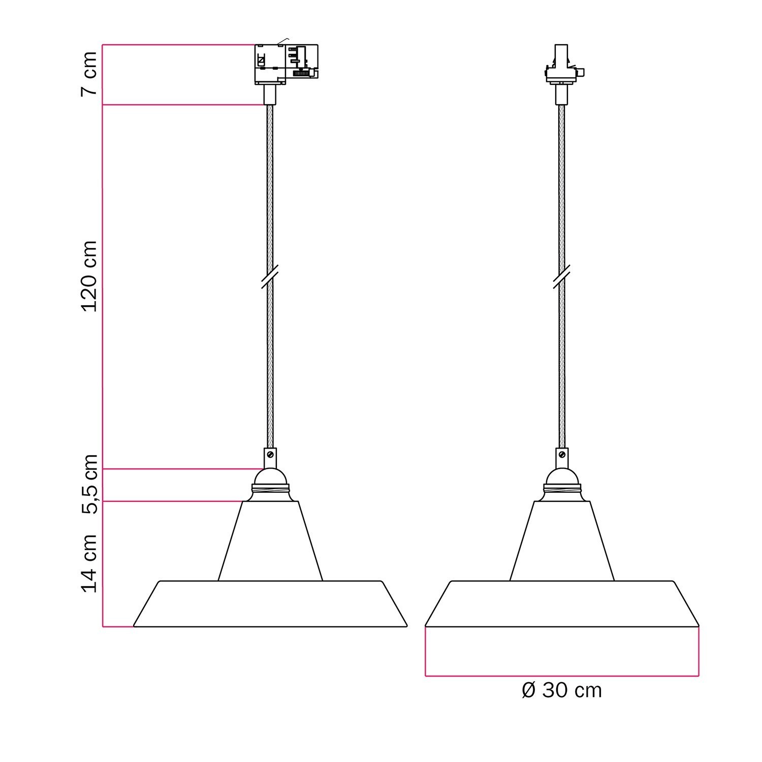 Pendellampa i industriell stil med lampskärm i keramik för skensystem