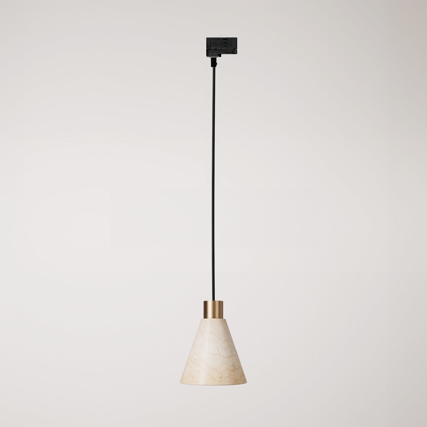 Track pendant lamp with conical wooden shade