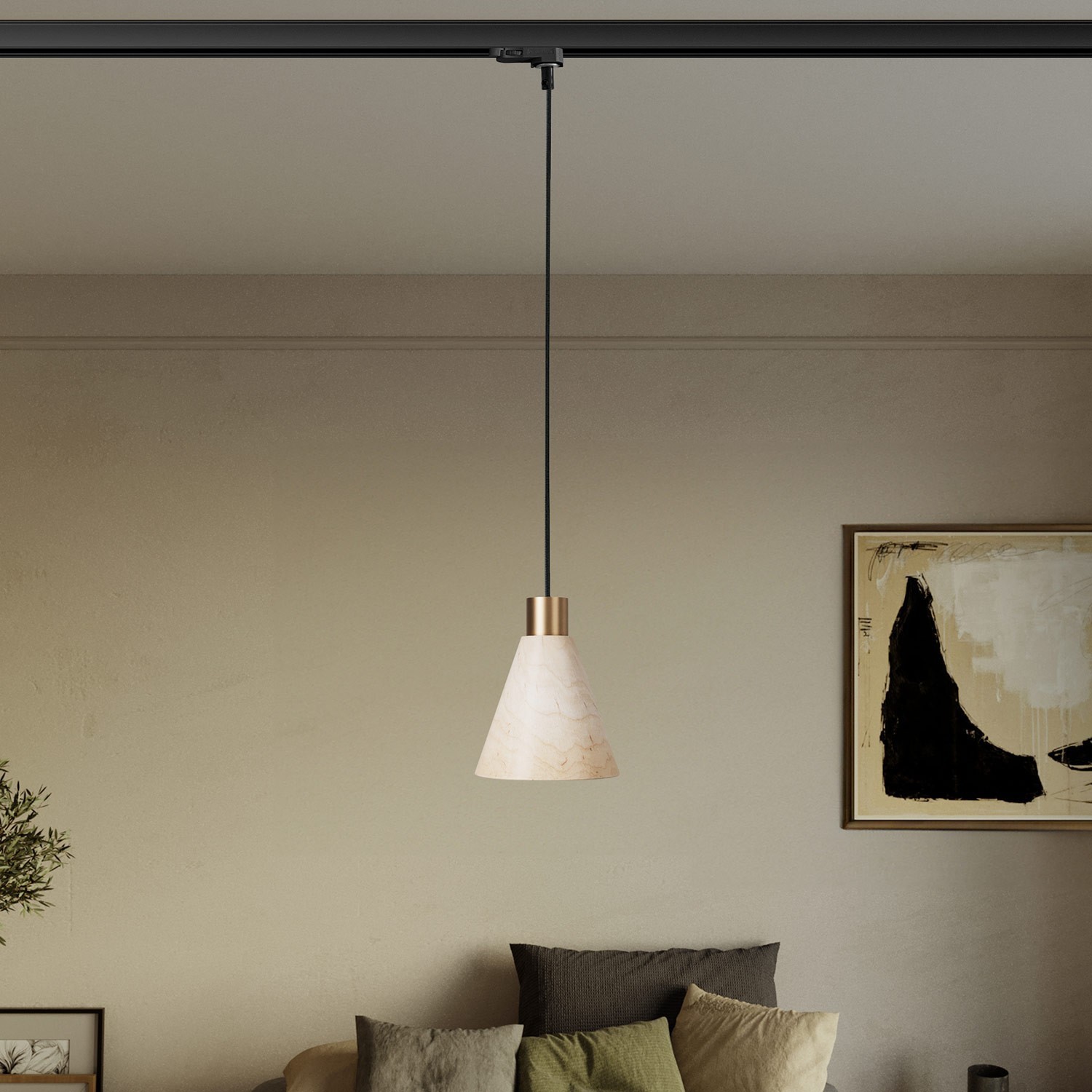 Track pendant lamp with conical wooden shade