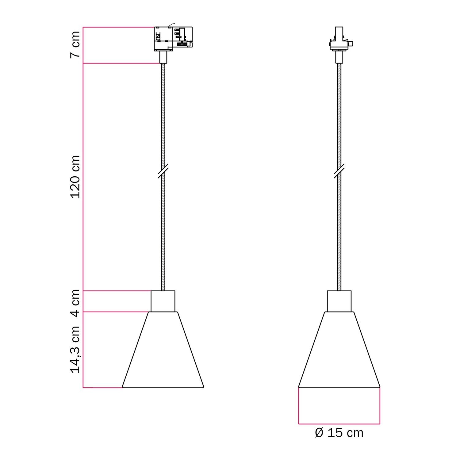 Track hanglamp met conische houten kap