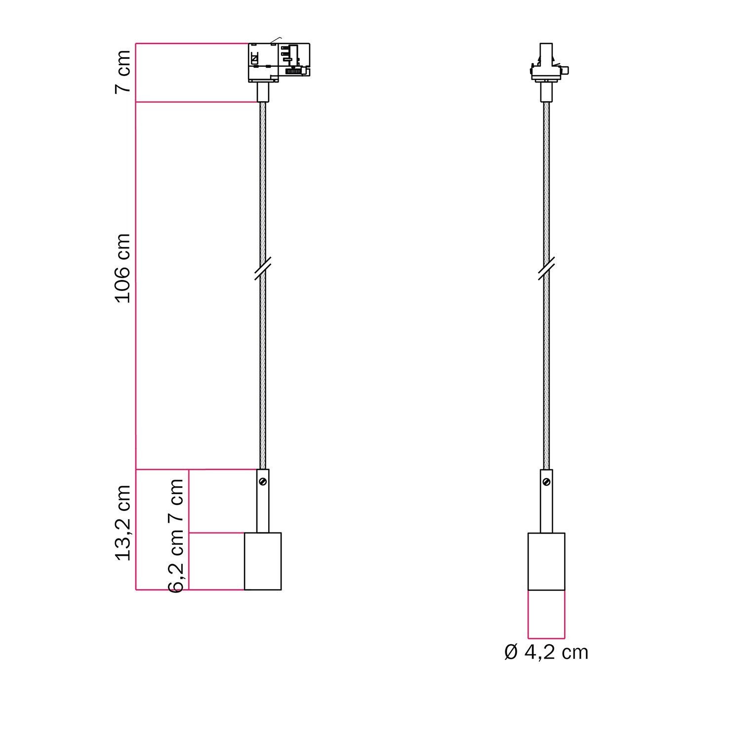 Lámpara de suspensión para carril con sujetacable de 7cm