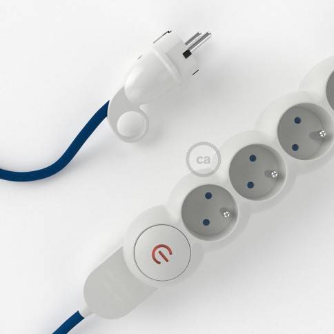 Power Strip with electrical cable covered in rayon White fabric RM01 and  Schuko plug with confort ring