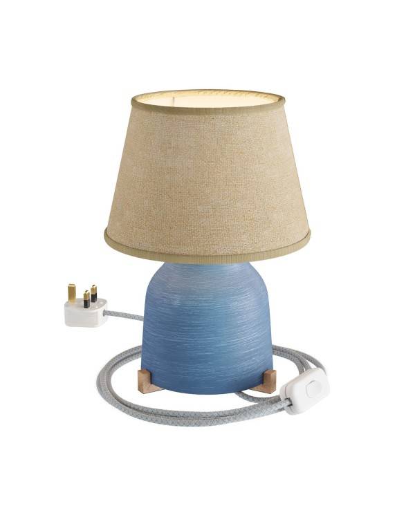 Lampă de masă din ceramică cu vas, cu abajur Impero, completă cu cablu textil, comutator și mufă UK.