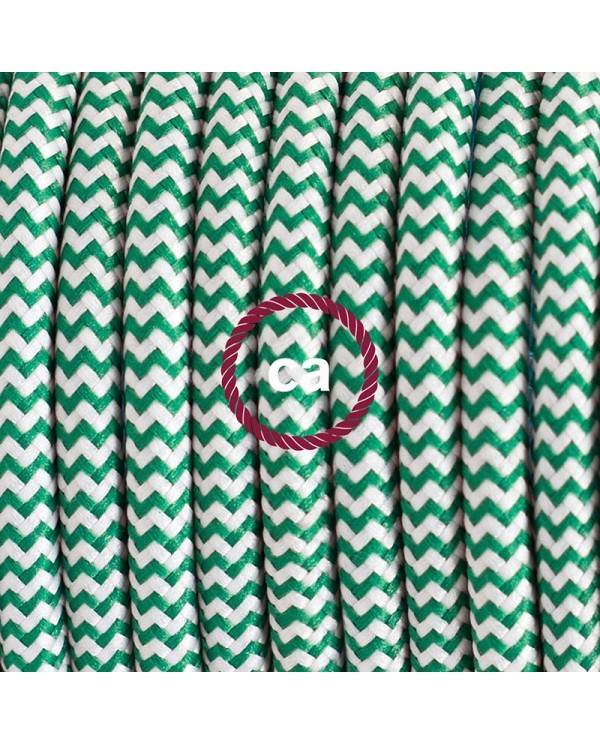 Ronde flexibele textielkabel van viscose met schakelaar en stekker.RZ06 -  zigzag wit/groen 1,80 m.