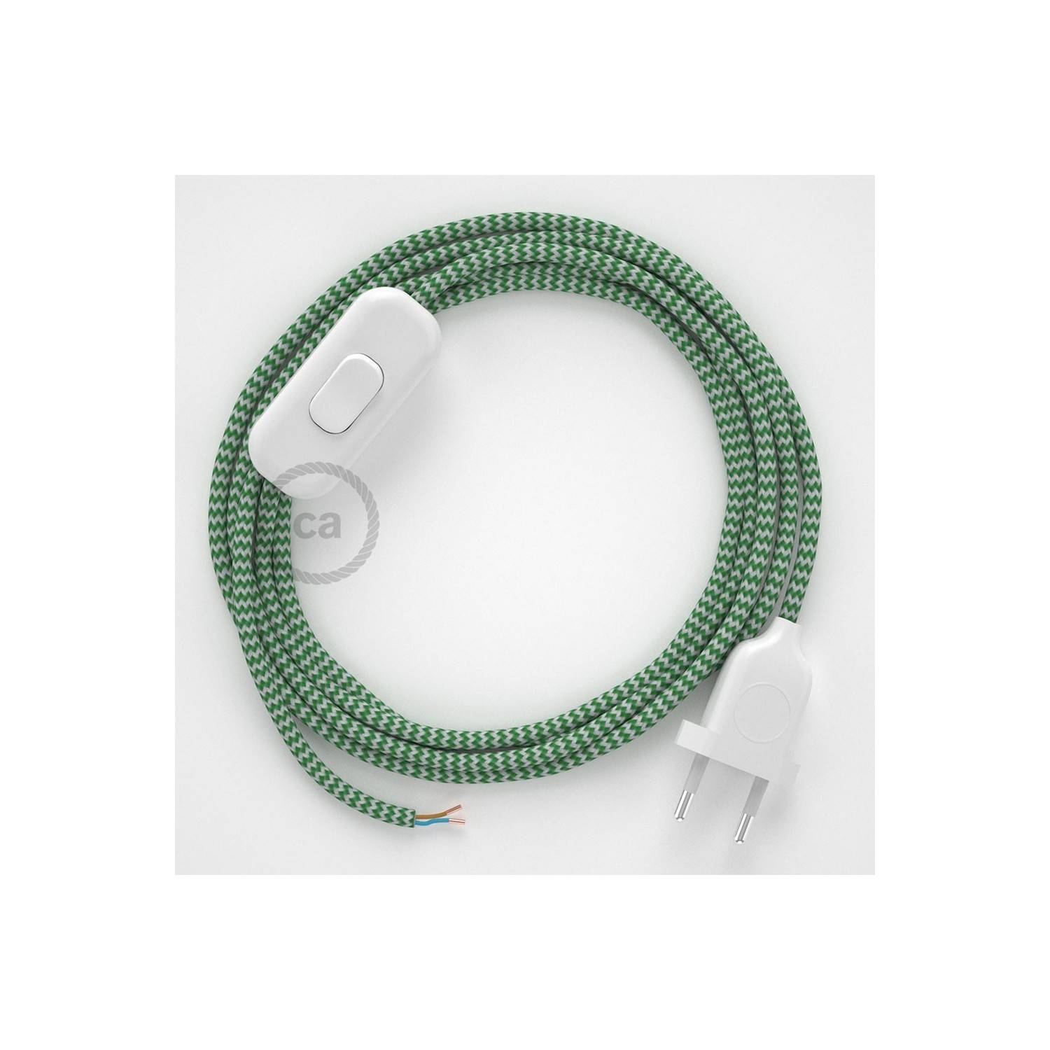 Cableado para lámpara, cable RZ06 Efecto Seda ZigZag Blanco Verde 1,8m. Elige tu el color de la clavija y del interruptor!