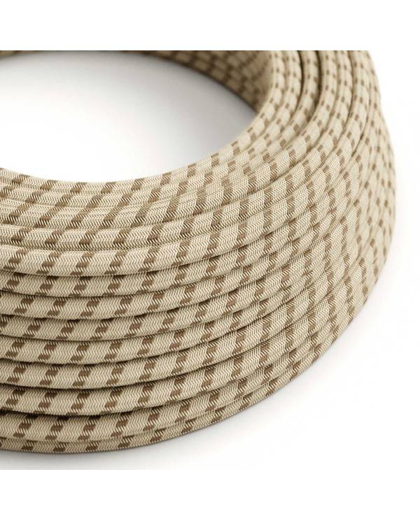 Round Electric Fabric Cable for lamps, decoration "Stripes" RD53 in coarse linen and brown bark cotton.